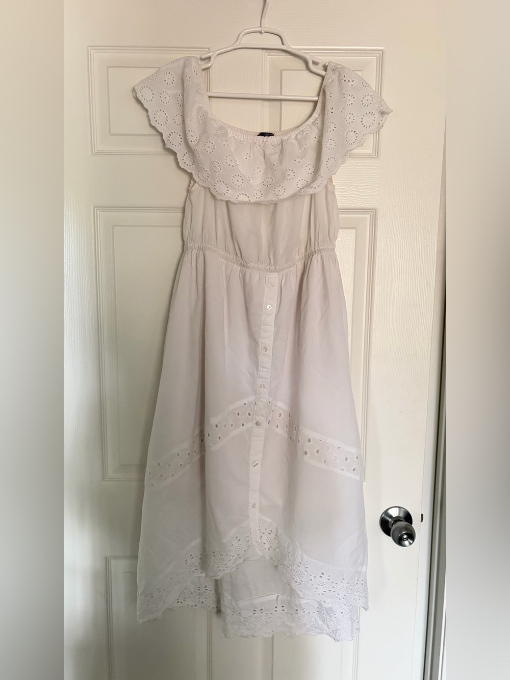 Eyelet Off-Shoulder White Cotton Midi Dress - Picture 1 of 4